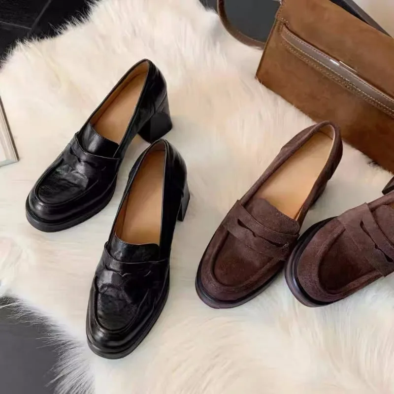 الرجعية الانزلاق على كتلة كعب حذا فردي للسيدات الخريف جديد جولة تو الجلود الناعمة لينة وحيد عدم الانزلاق عالية الكعب