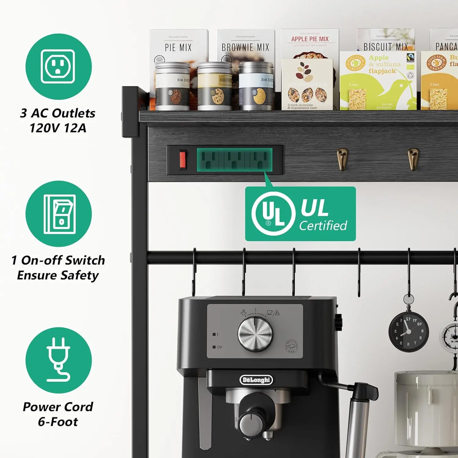 Large Bakers Ra With Power Outlets 38.8 Hes, 15 Hooks Coffee Bar With 3 Wire Basket, Microwave Stand Kitchen Storage Shelf For