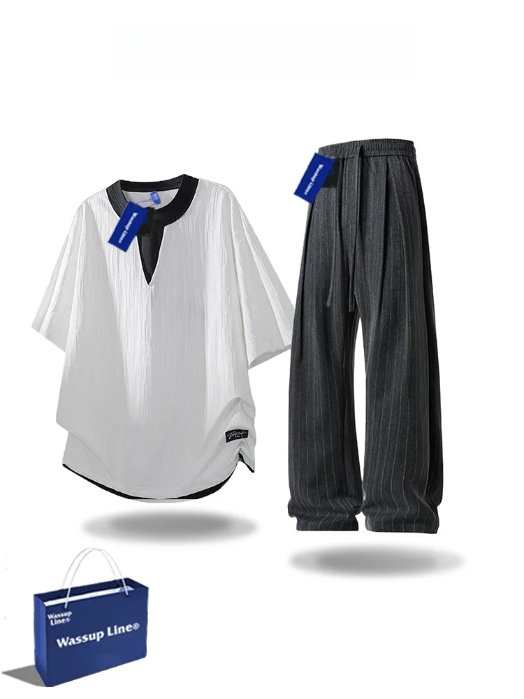 wassup-line-casual-sportswear-set-men's-summer-short-sleeve-comfortable-versatile-fashionable-polyester-fiber-long-pants