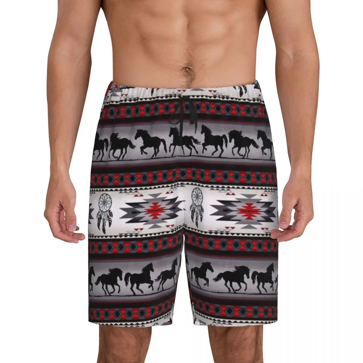 Custom Print Men Navajo Aztec Tribal Horse Pattern Pajama Shorts Sleep Pjs Sleepwear Bottoms with Pockets