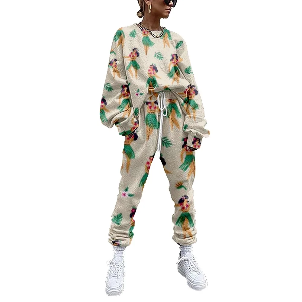 

Women Tracksuit Hawaii Girl Print 2 Piece Outfit Sweatshirt+Straight Sweatpants Matching Set Fitness Sporty Streetwear