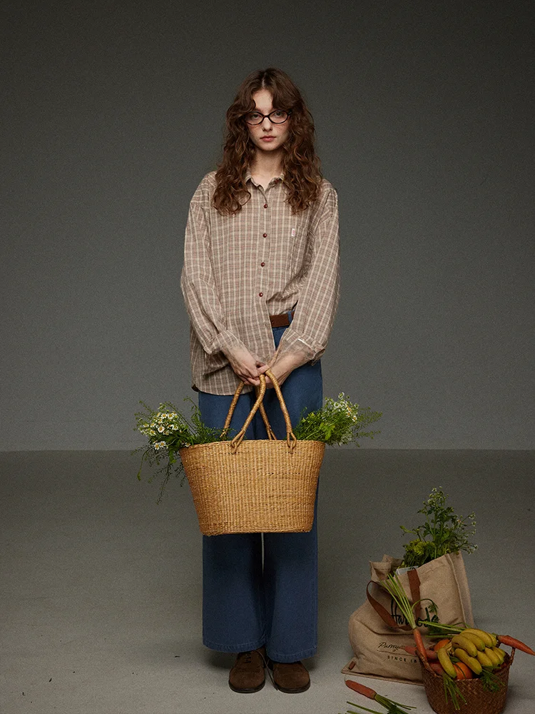 

TNIT Retro Coffee Color Casual Plaid Women's irt Spring Loose Fit Button up Long Sve Ne Outerwear Coat