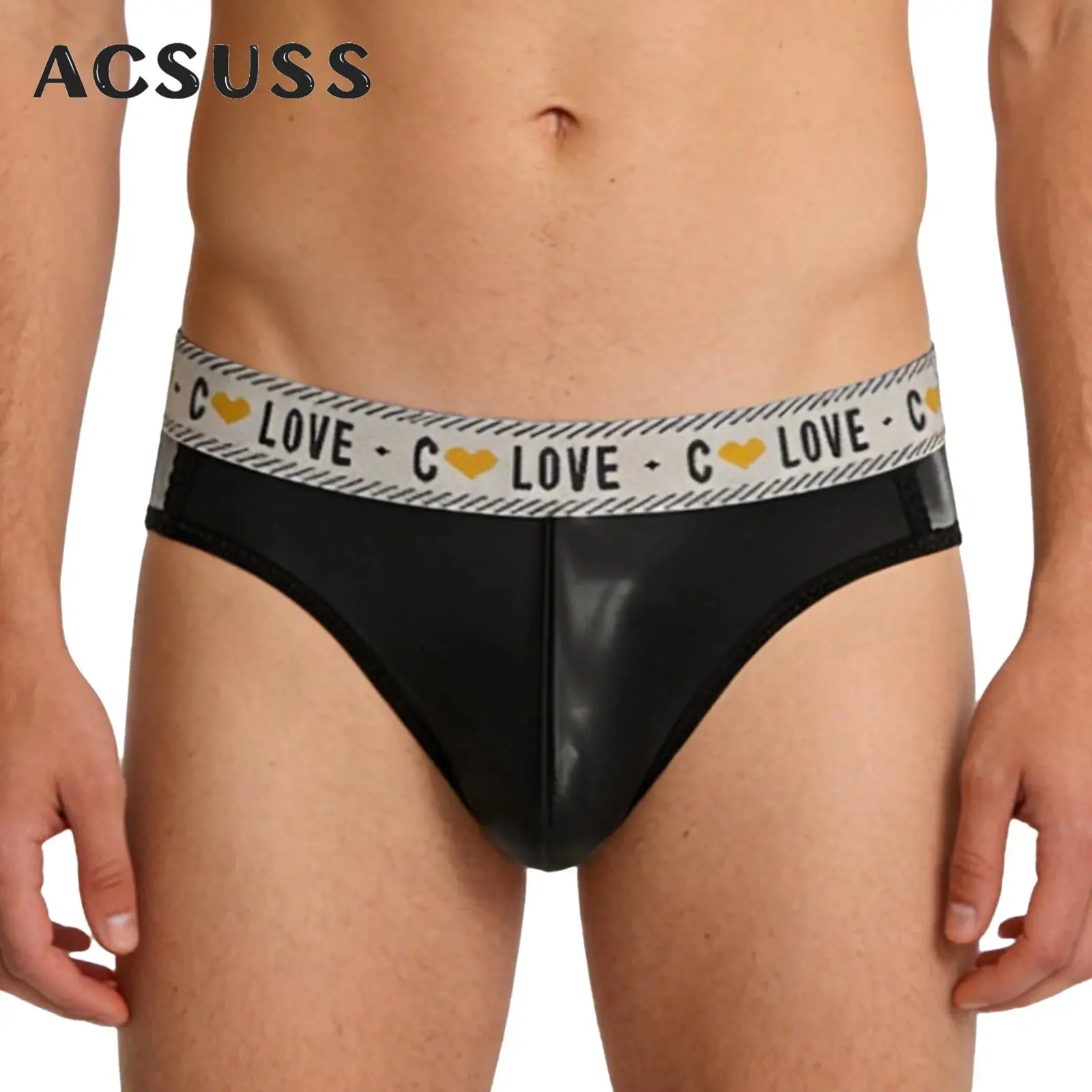 

Mens Glossy Latex Briefs Letter Lingerie Graphic Waistband Bulge Pouch Panties Underwear Beachwear Nightwear Rave Party Clubwear