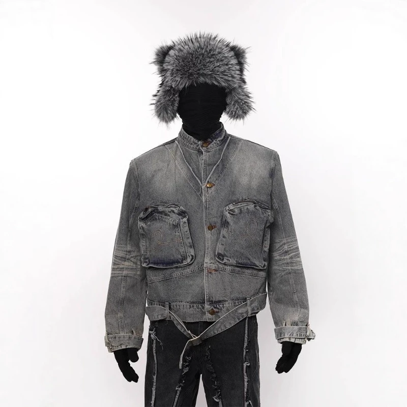 

Американская джинсовая куртка в стиле ретро, унисекс, свободного кроя, универсальная, из плотного денима, с эффектом потертости, с воротником-стойкой, повседневная, модная, стильная верхняя одежда