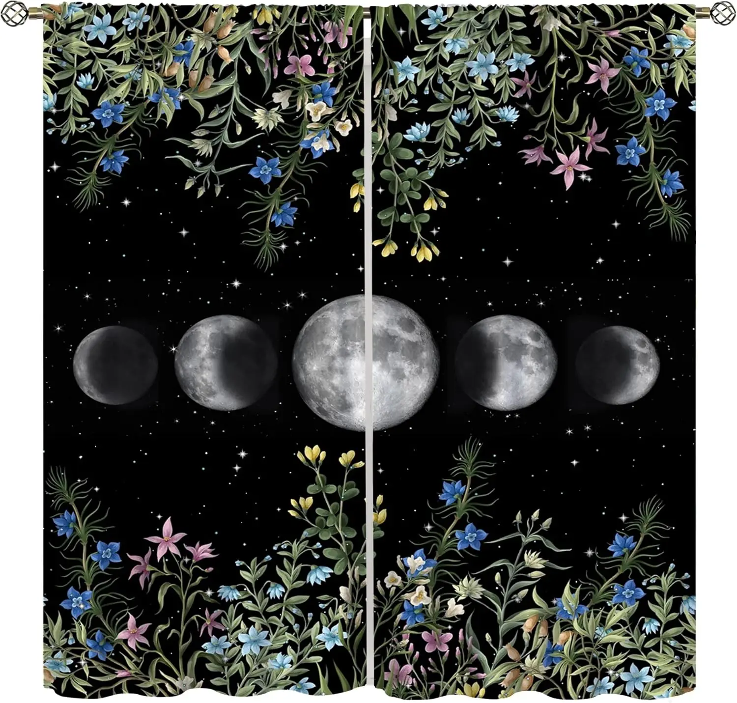 Moon Floral Curtains,Moon Phase Moonlit Pink Natural Spring Gothic Tarot Style Home Bedroom Living Room Window Decor Curtains