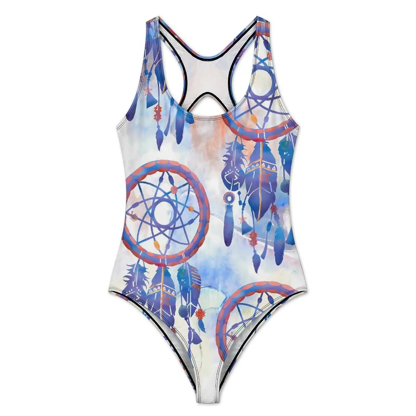 Blue Dream Catcher Swimsuit Sexy Modern Boho Women Swimwear One-Piece Elegant Bodysuit Fitness Push Up Backless Bathing Suits