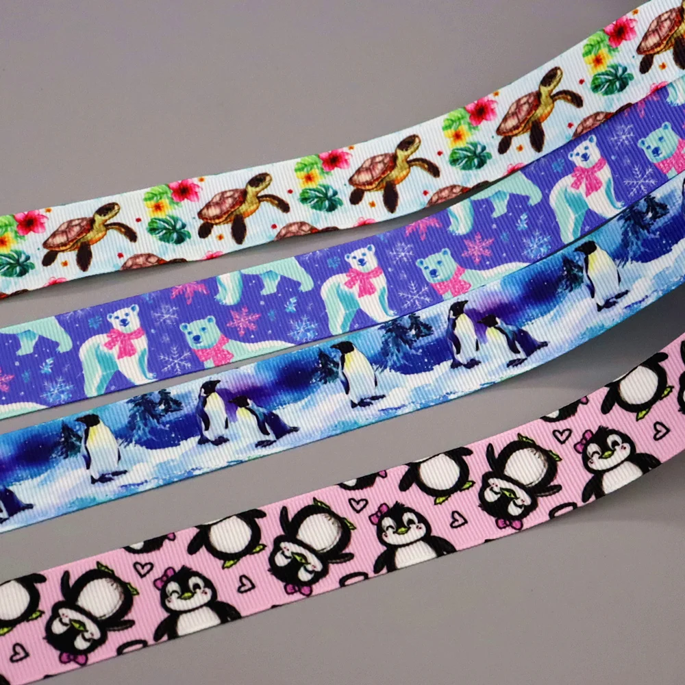 DHK 50yards Turtle Polar Bear Penguin Printed Grosgrain Ribbon Accessories Collar DIY Sewing Craft Decoration S2774