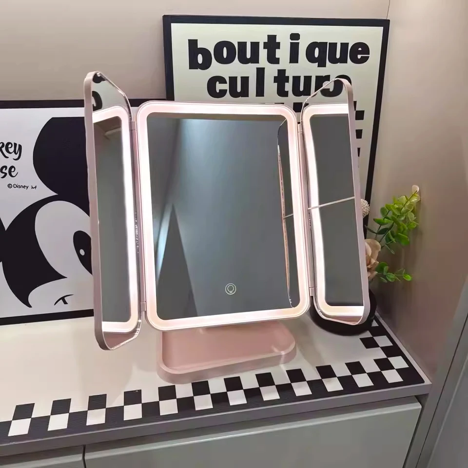 Trifold LED Touch Screen adjustable light makeup Mirror,USB Smart Complementary Beauty fill light,Handheld Light Travel Makeup