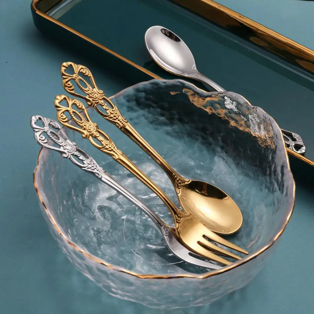 European Spoon Fork Golden Silvery Salad Forks Stainless Steel Hollow Out Stirring Spoon Coffee Spoon Dessert Fork Tableware