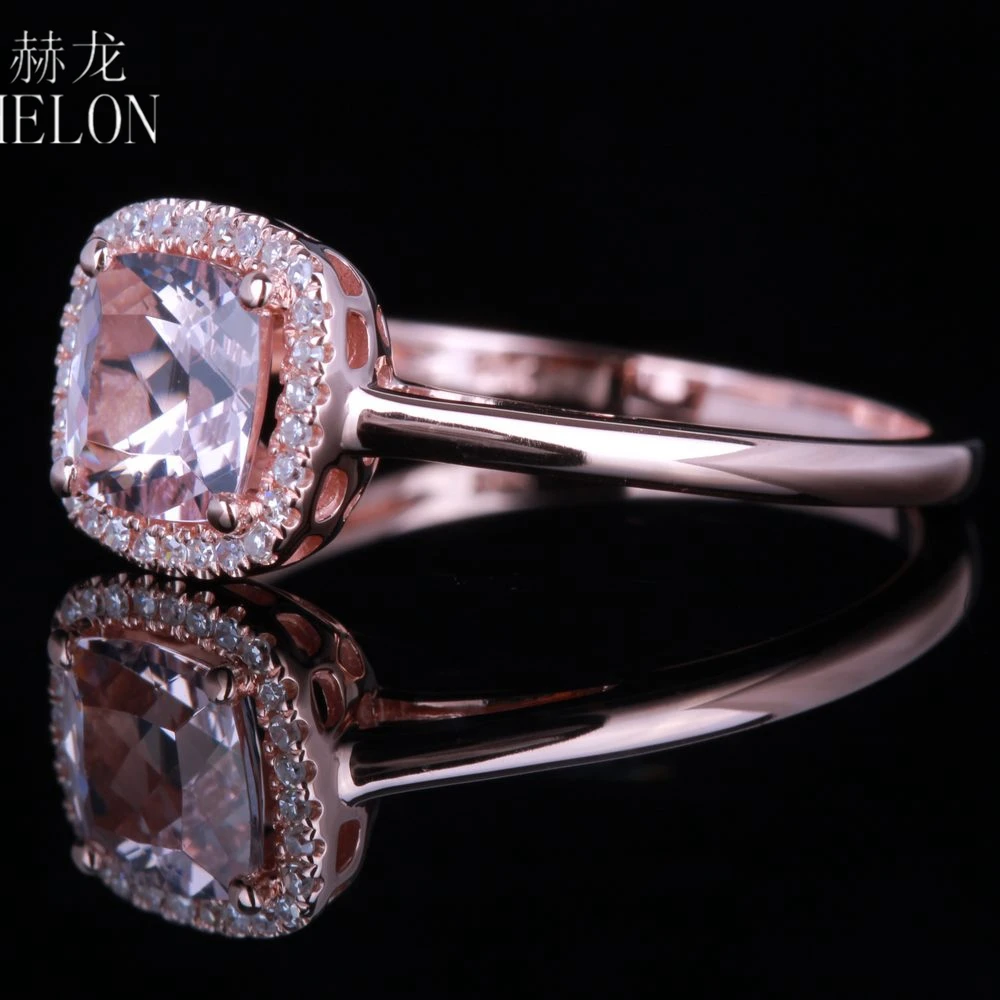 HELON Solid 14K AU585 Rose Gold Cushion 6mm Morganite Diamonds Engagement Wedding Ring Women Halo Diamonds Fine Jewelry Gift