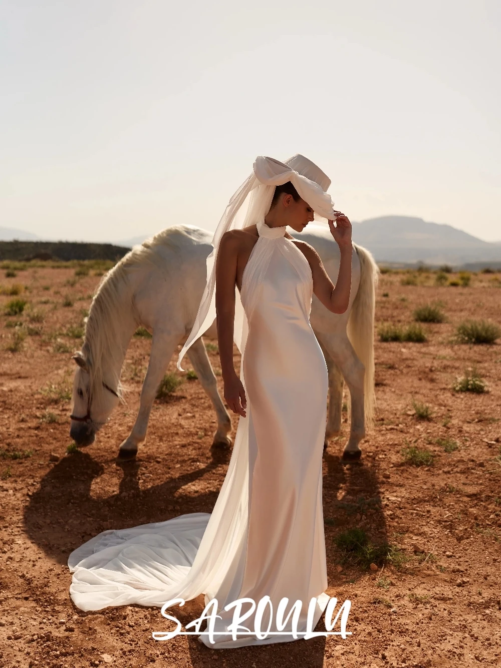 Minimalist Halter Mermaid Wedding Dress With Flowy Long Cape Fashionable Backless Sleeveless Elopement Customized Bridal Gown