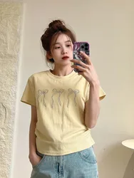 Stile coreano Chic Summer New Bow Print Casual Versatile T-shirt a maniche corte Top donna girocollo magliette grafiche