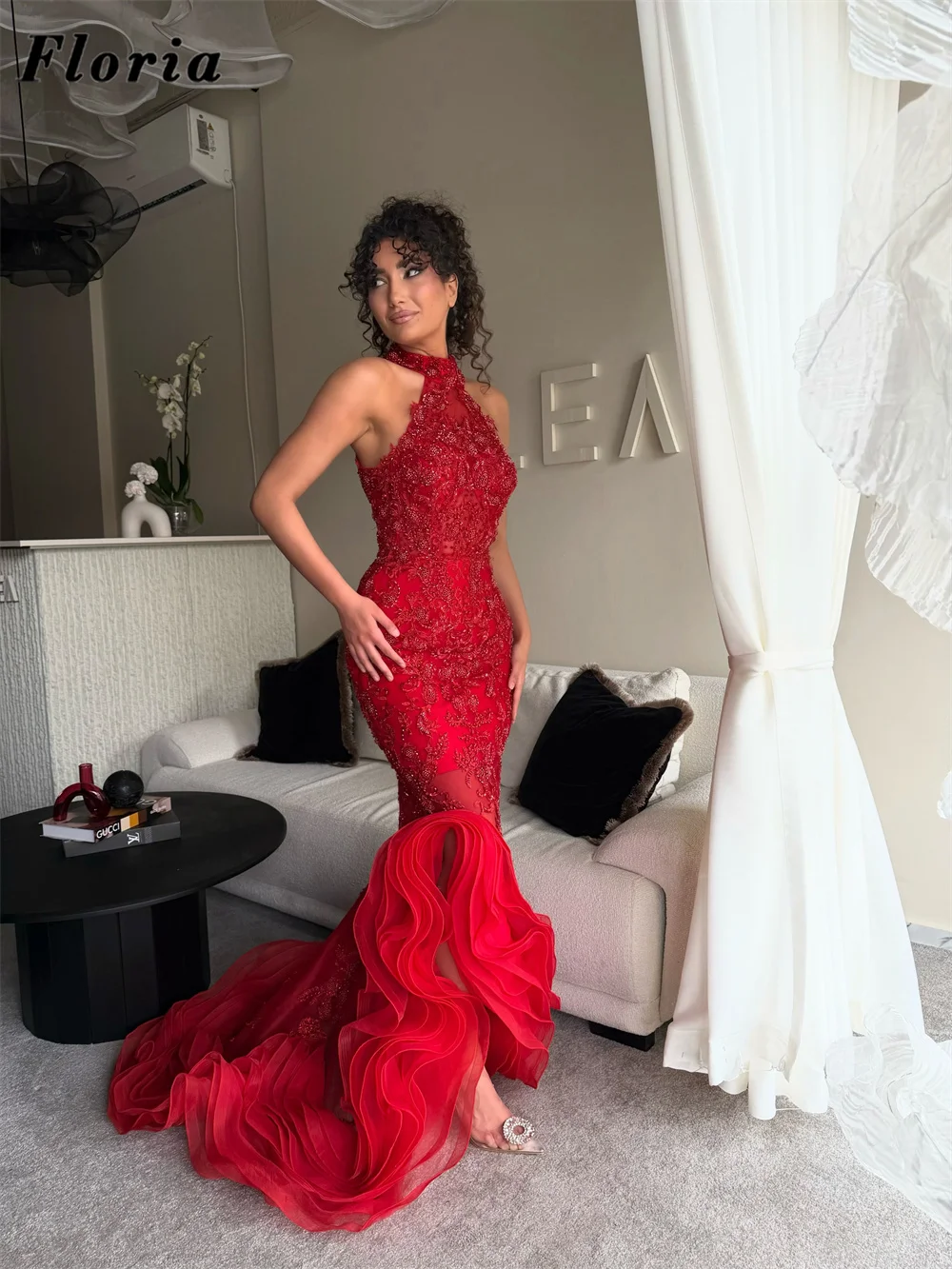 

Customized Red Mermaid Evening Dresses Robes De Soiree Beaded Sleeves Prom Dress Elegant Ruffles Skirt Cocktail Party Gowns 2026