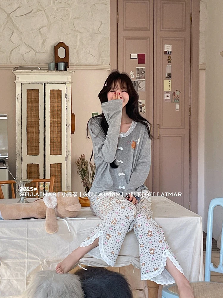 Japanese Ins Cute Girl Round Neck Cartoon Lace Bow Long Sleeve Pajamas Loose Casual Loungewear Set Can Be Worn Outside
