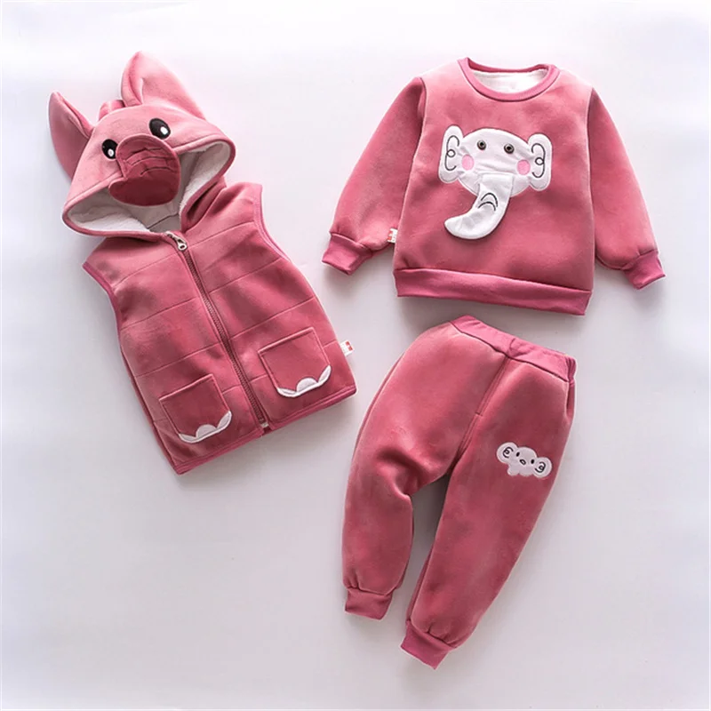 2023 Winter Baby Boy Clothes Sets Autumn Cotton Thick Warm Hooded Sweater Cartoon Cute Bear Three-Piece Baby Girl Suit 0-5Y