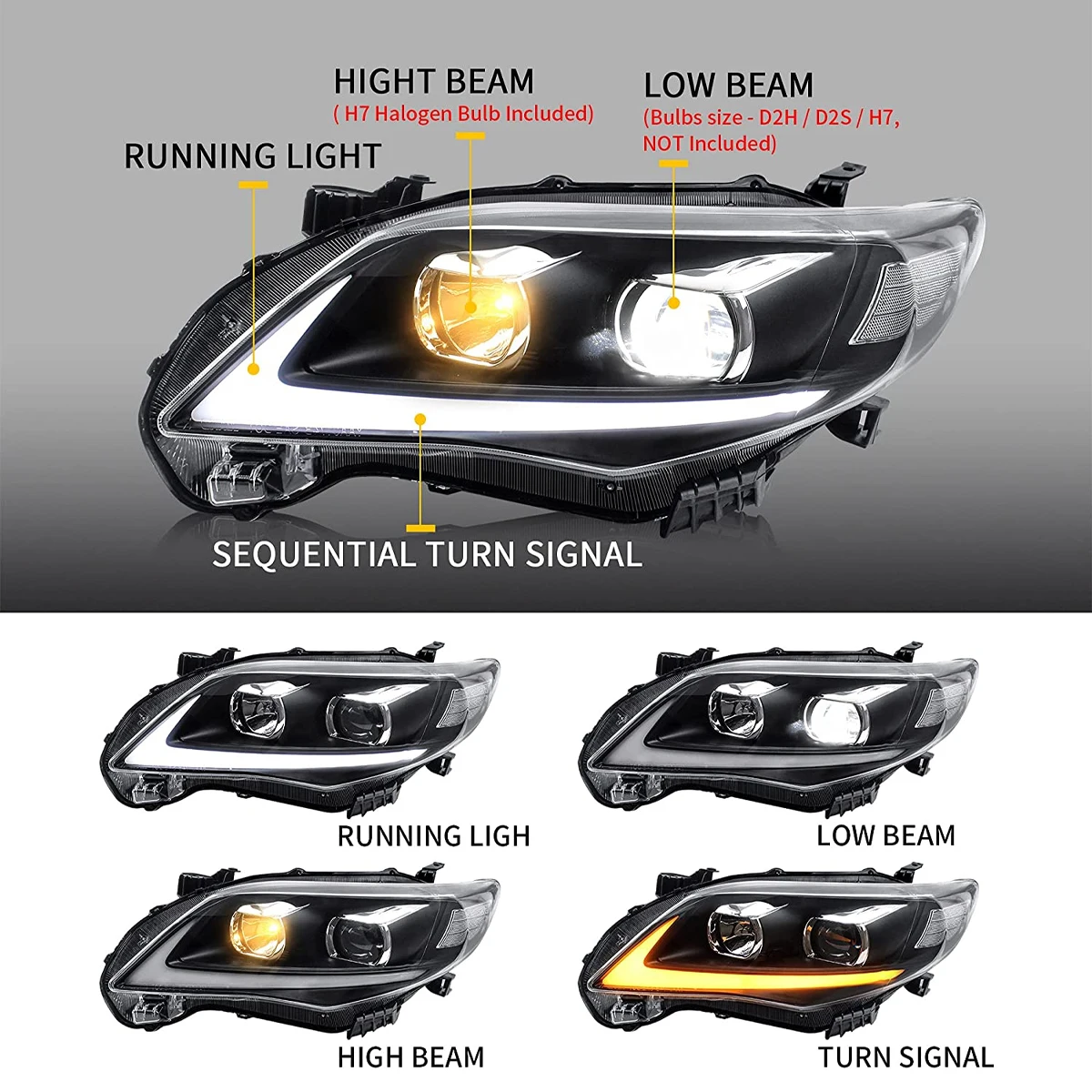 Auto Parts LED Headlight Assembly Flow Light Steering Highlight Day Line Light For Toyota Corolla 2011 2012 2013