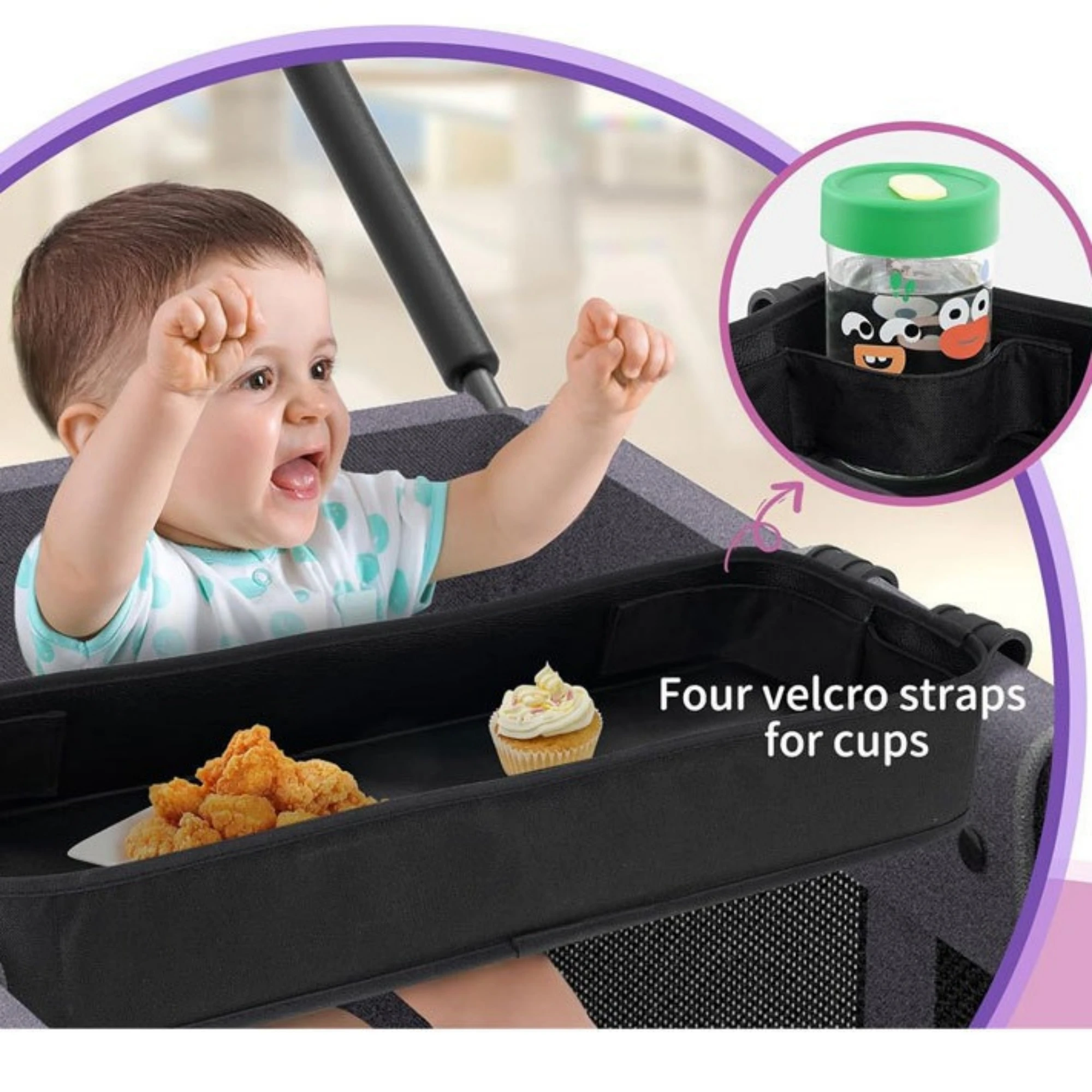 Double Sided Stroller Tray for Snacks & Activities Featuring Faux Leather Side for Eating, Polyester Side for Activities 3