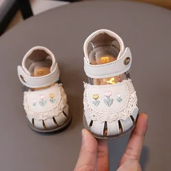 Small Flowers Baby Toddler Girl Sandals 2024 Summer Kids Beach Shoes Little Girls Close-toed Sandals Beige, Pink