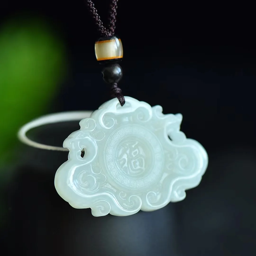 Exquisite Hetian Jade Antique Double-sided Carved Dragon and Fhoenix Blessing and Longevity Pendant Jewelry 3966#