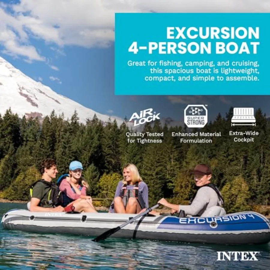 68324EP Excursion 4 Inflatable Boat Set: 54in Deluxe Boat Oars and High-Output Pump Adjustable Seats with Backrest Fishing Rod