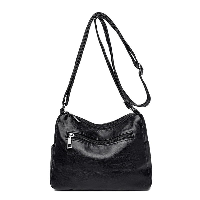 High Quality Women Soft Leather Shoulder Bag Black Crossbody Bags Casual Large Capacity Multi Pocket Wallets