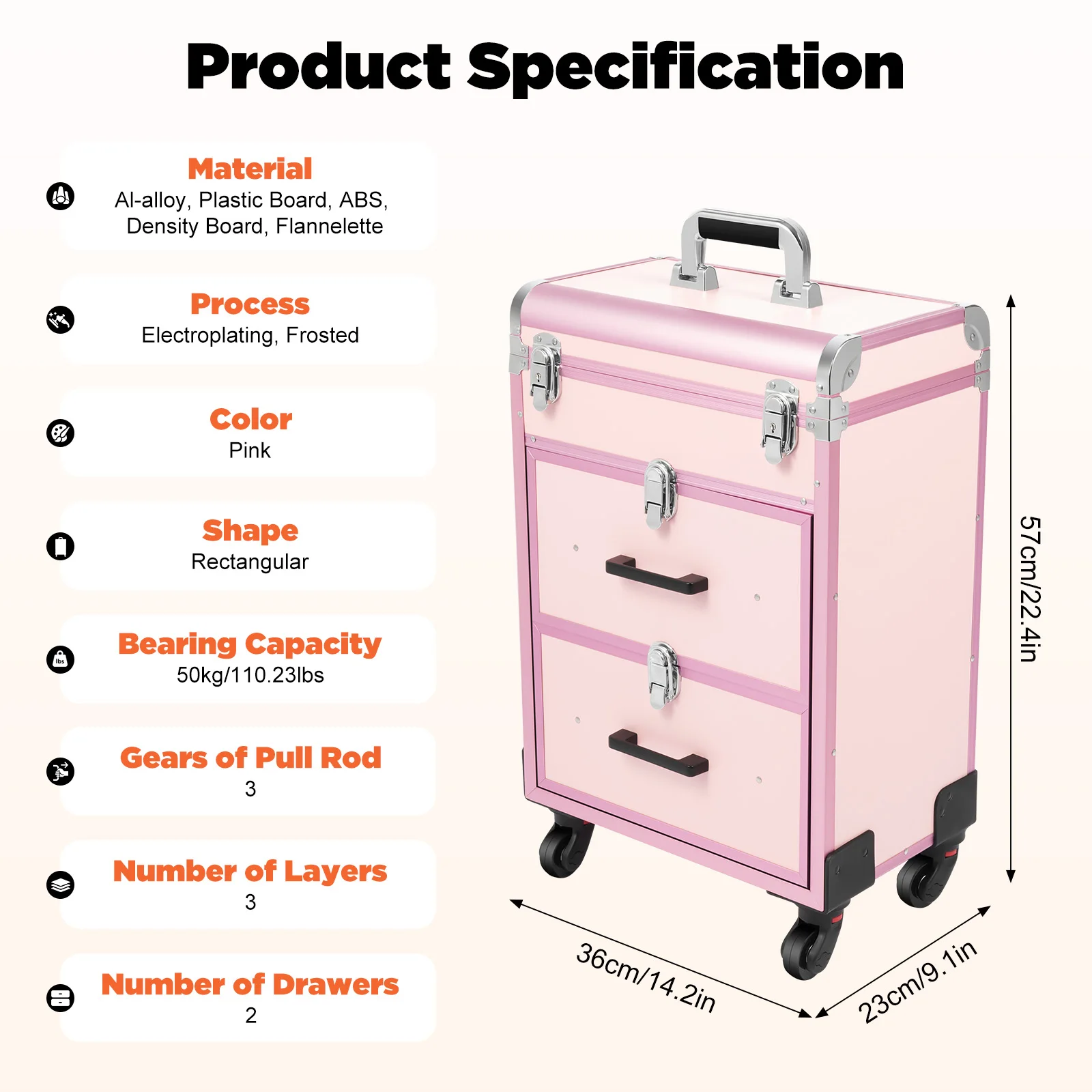 

Pink Modern Rectangular Makeup Rolling Train Case 3 Layers 2 Drawers 4 Wheels 3 Gears Al-alloy ABS