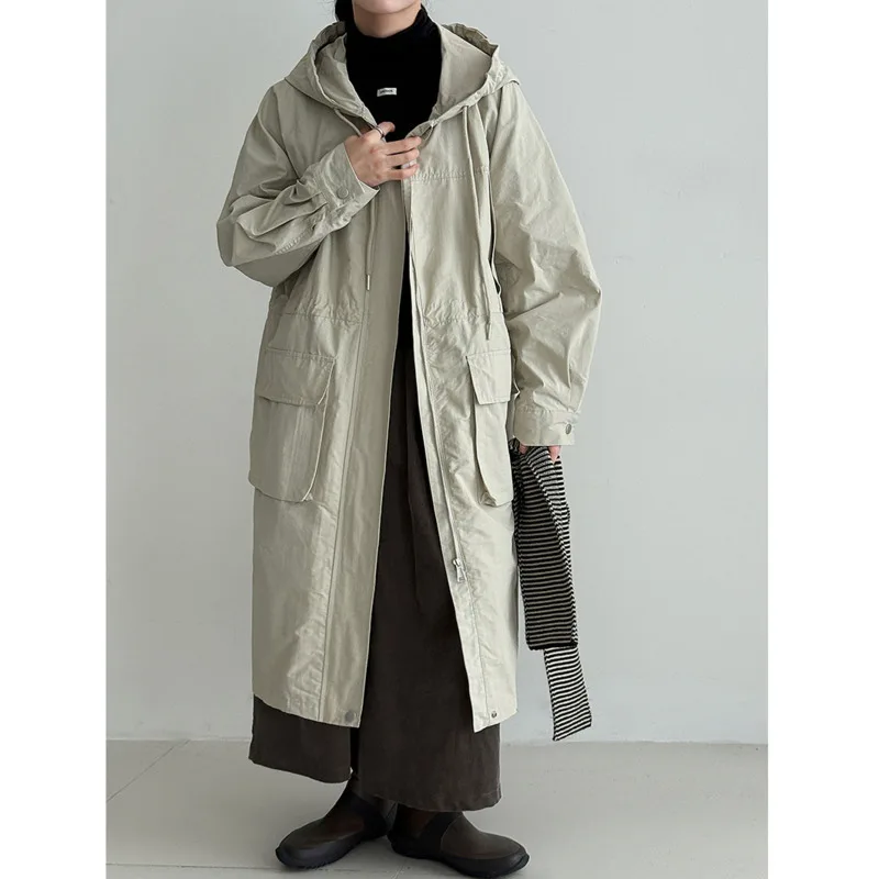 EAEOVNI 가을 후드 롱 트렌치 코트 여성 패션 지퍼 드로우 스트링 디자인 포켓 루즈 솔리드 컬러 윈드 브레이커 의류