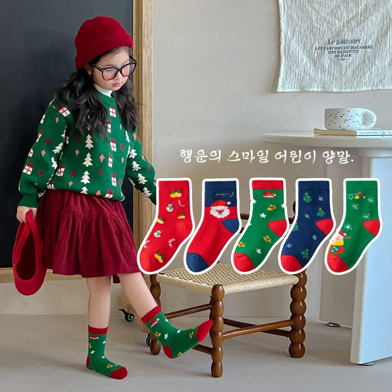 5 Pair Cotton Children Christmas Socks Elk Santa Claus Cartoon Hosiery Cloth Accessories Snowman Mid-Tube Socks Christmas Gift