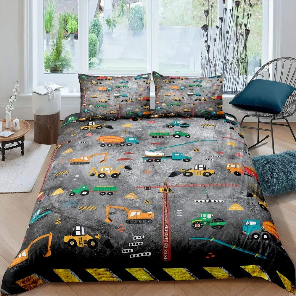 Excavator Duvet Cover Set Microfiber Tractor Truck Comforter Cover Twin Construction Vehicle Cartoon Bedding Set for Boys Teens