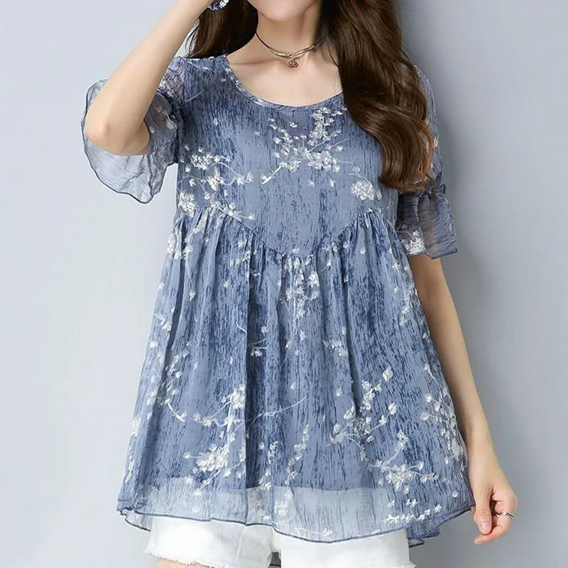 Casual Flare Sleeve Elegant Loose Chiffon Shirt 2022 Summer New Women\'s Clothing Fashion Printing O-Neck Pullovers Blouses 6XL