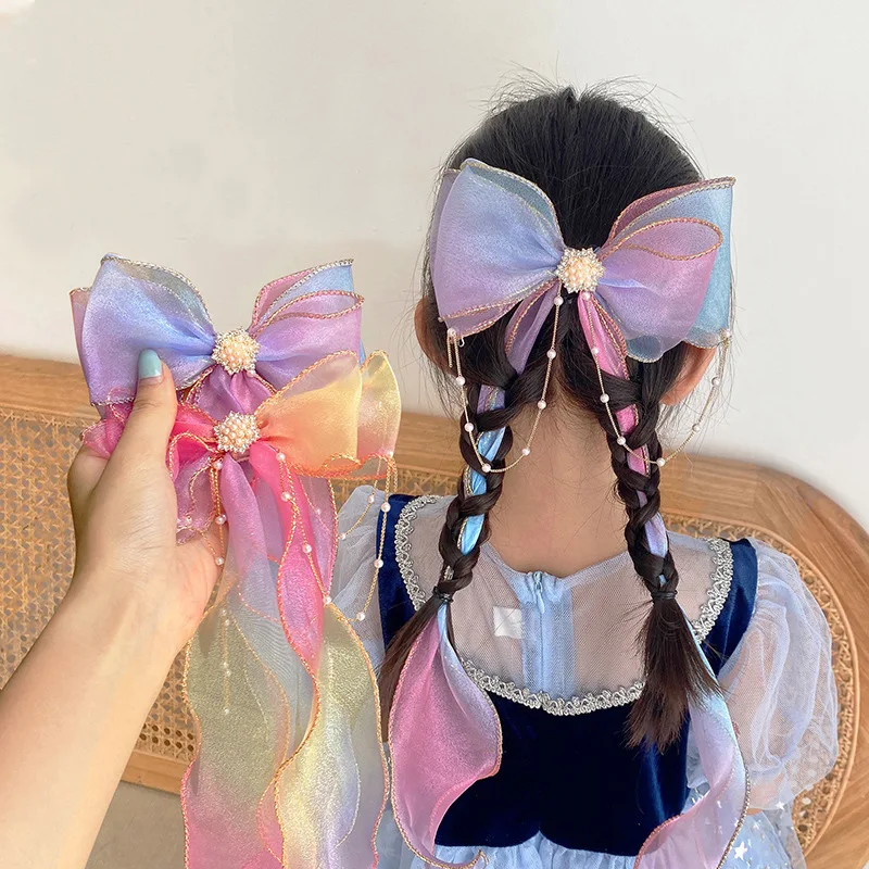 Pearl Chain Girls Mesh Streamer Hair Bows Bowknot Tassel Ponytail Clips Gradient Braiding Hairpin Grips Hair Accessories