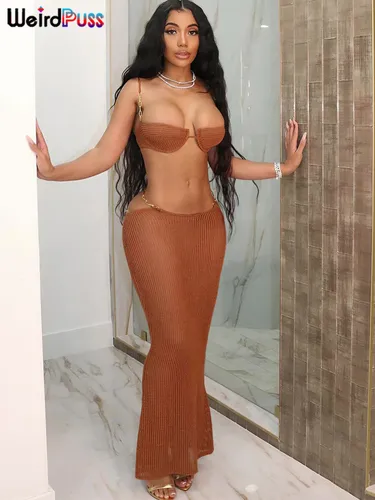 Imagen 2 del producto Conjunto de 2 piezas de punto de punto para mujer, camisola de cadena de Metal de tendencia de verano + vendaje, faldas largas, vacaciones a juego, ropa de club de medianoche