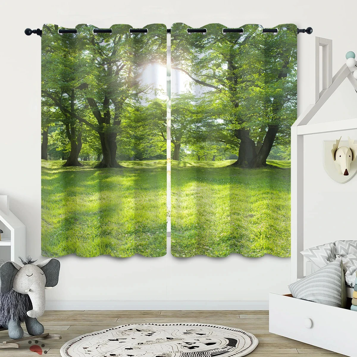 2PC Printed Perforated Curtains,Bedroom,Balcony,Living Room, Autumn Landscape Trees Fresh Green Forest Print Window Curtains