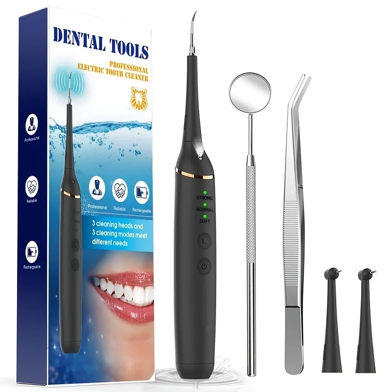 USB Teeth Cleaning Kit With LED Light, Cleaner For Teeth With 3 Replaceable Heads, Dental Tweezer  Mirror, 3 Modes Teeth Cleaner