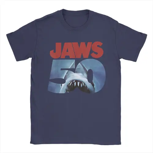 Imagen 2 del producto Camiseta gráfica de película con Logo del 50 aniversario de Jaws, camiseta creativa de algodón para hombre, camiseta de cuello redondo, camisetas de manga corta, recién llegados