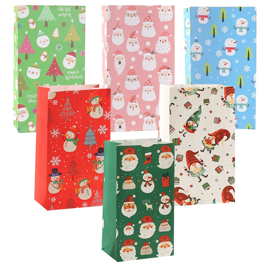 6PCSChristmas Kraft Paper Bag Colorful Carton Snowman/Santa Claus Gifts Bags for Christmas Party Decoration Gift Packaging Bags