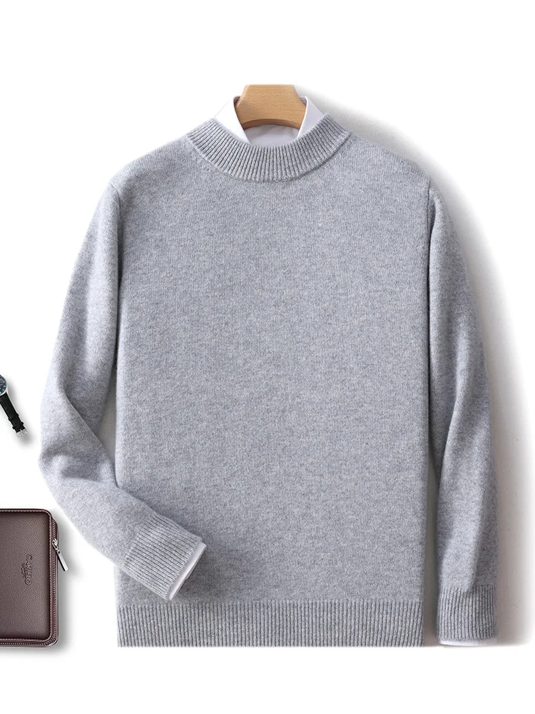 100% Merino Wool Men's Semi High Neck Thickened Autumn Winter Base Sweater Casual Knit Sweater