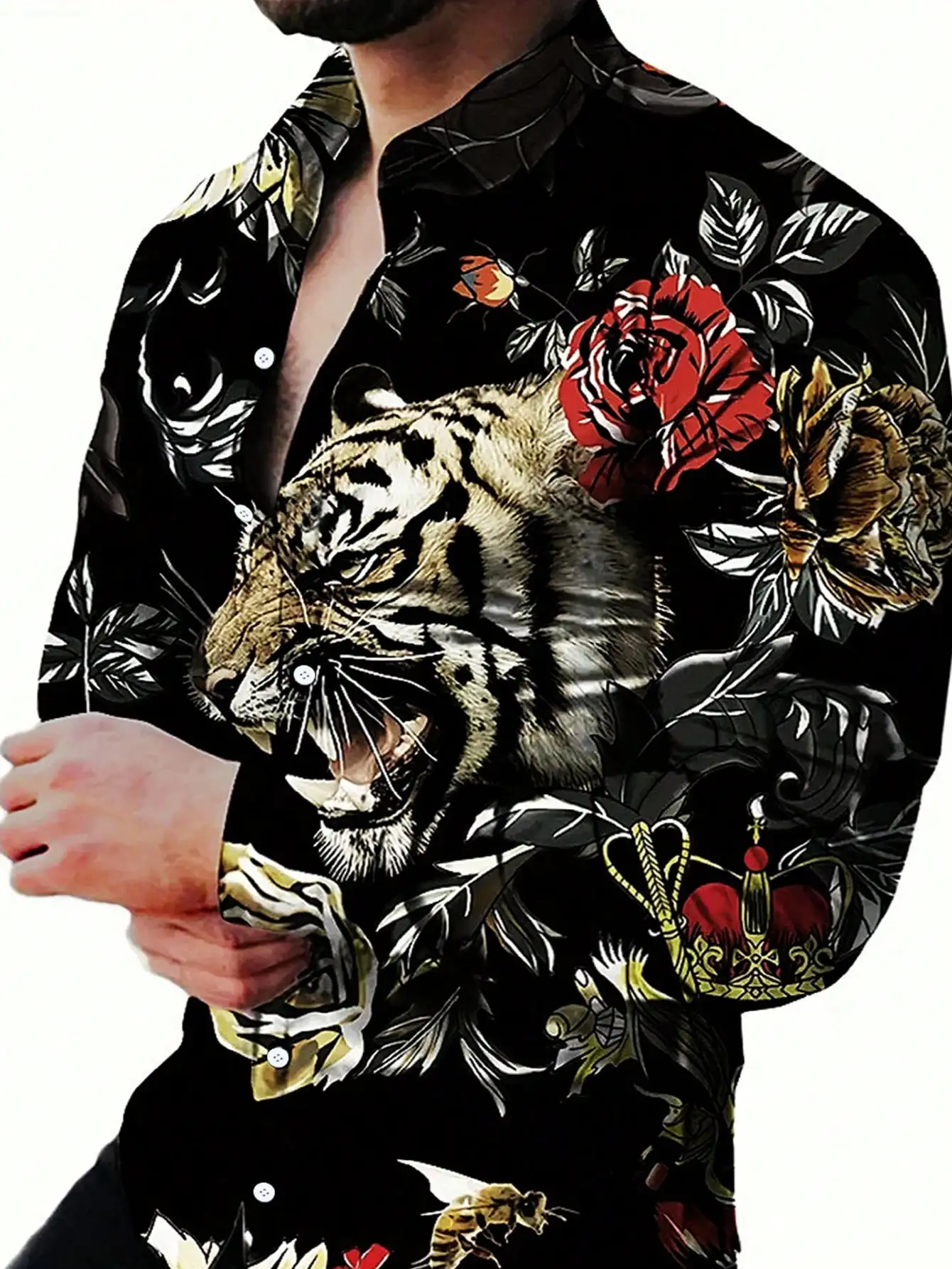 

Men's Long Sleeve Button-Front Casual Shirt with Tiger and Floral Print