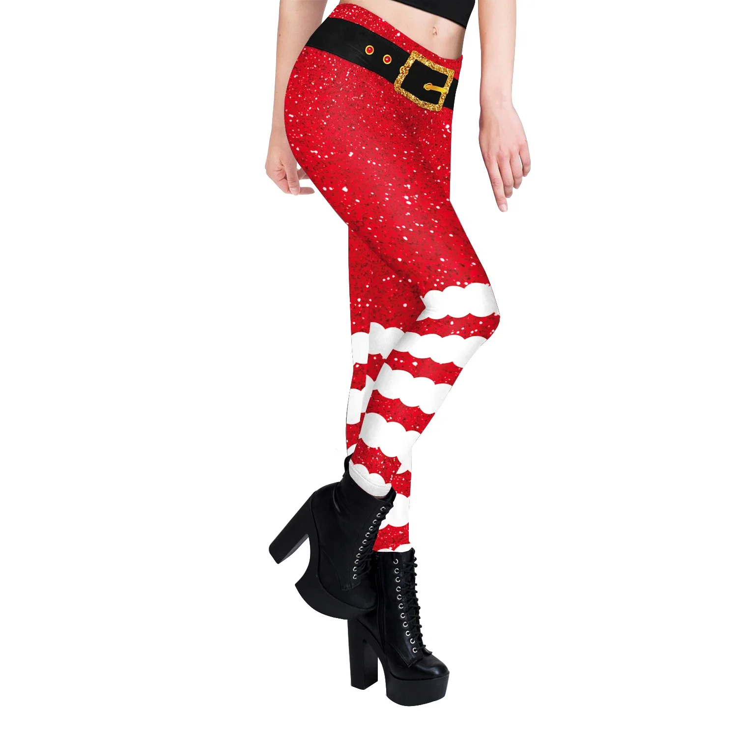 Teanoon Sexy Christmas Elf Women's Leggings Gym Pants Xmas Striped Snowflake Printed Workout Pants Stretch Trousers
