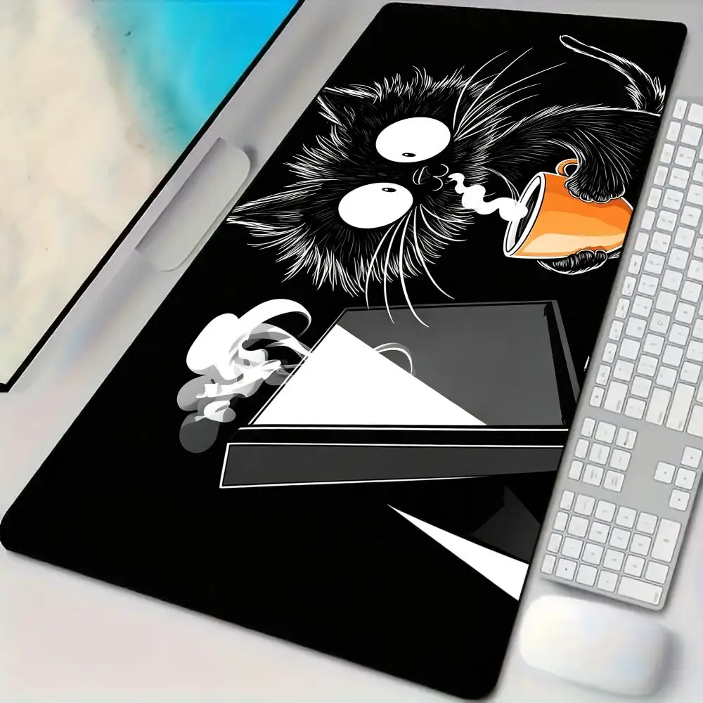 Adorably goofy black cat Mouse Pad Desk Mat Large Computer Office Carpet XXL Mousepad Gamer Gaming PC Accessories Keyboard Rug