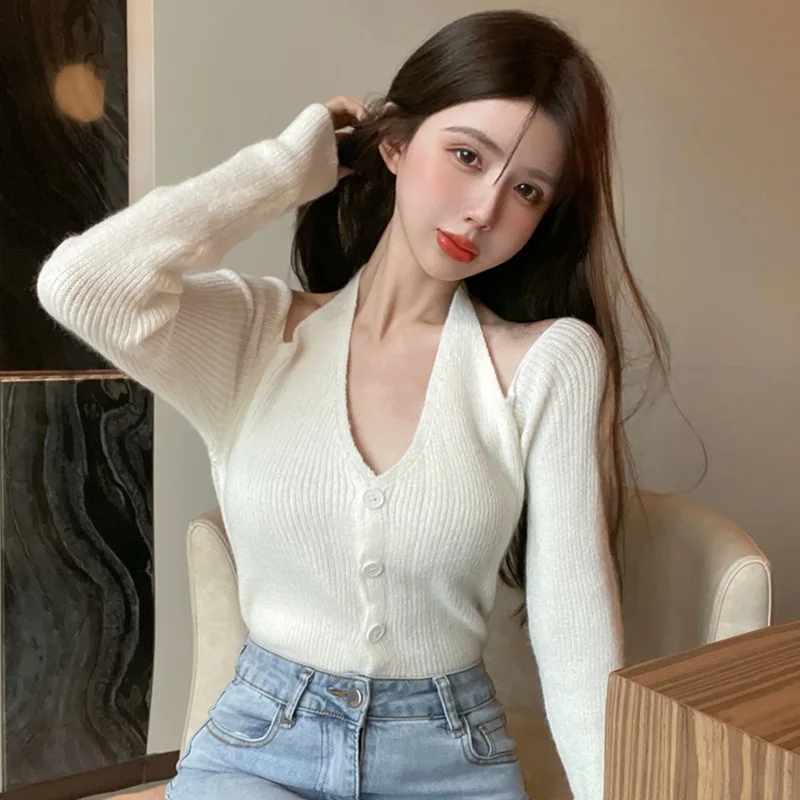 Women\'s Knitted Sweater Halterneck Off Shoulder Pullover Slim Fit Button Down Autumn Winter Outfits