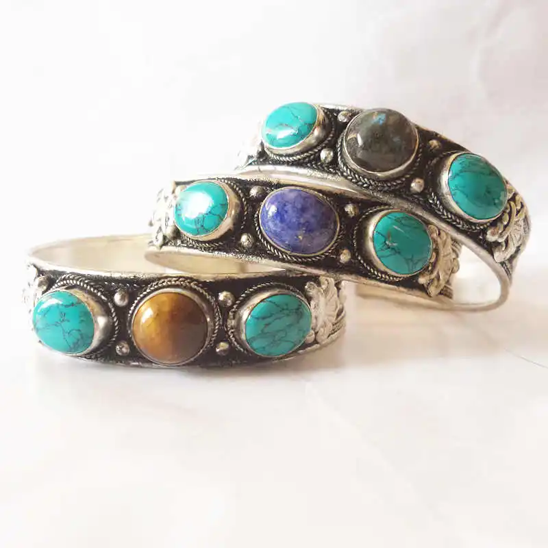 Tibetan Bangles Copper Inlay Colorful Beads Open Cuff Bangles Turquoise Labradorite Tiger Eye Beads Bracelets BB-049