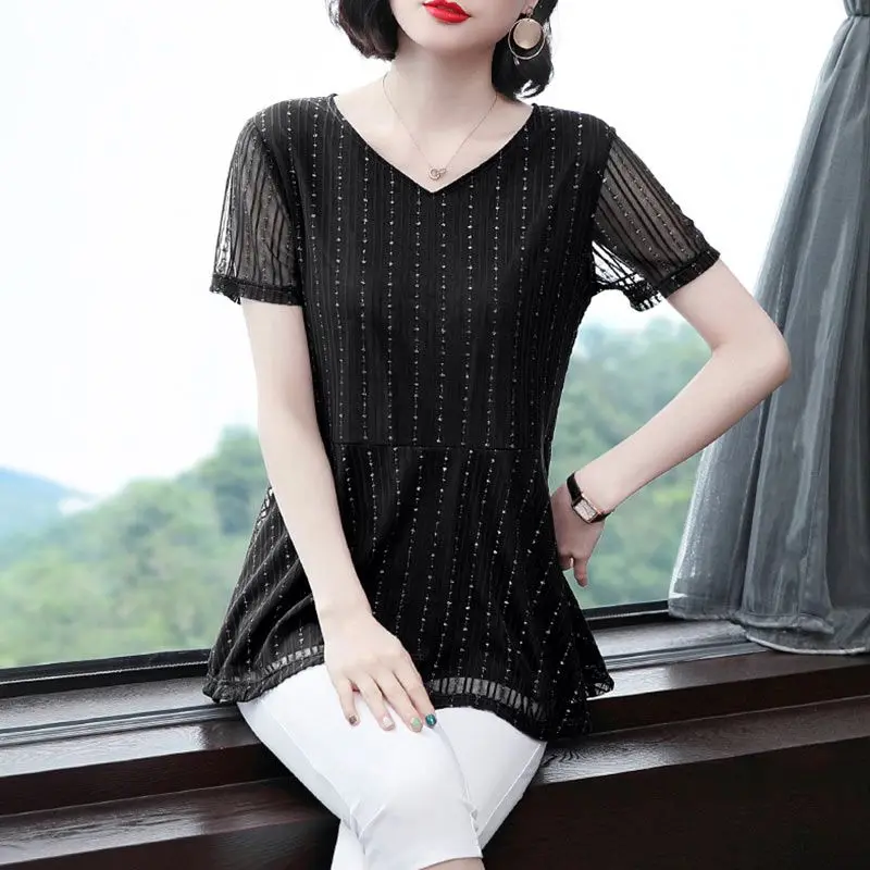 Women\'s Clothing Commute Solid Color Shirt Summer Short Sleeve Elegant V-Neck Spliced Casual Stylish Bright Silk Gauze Blouse