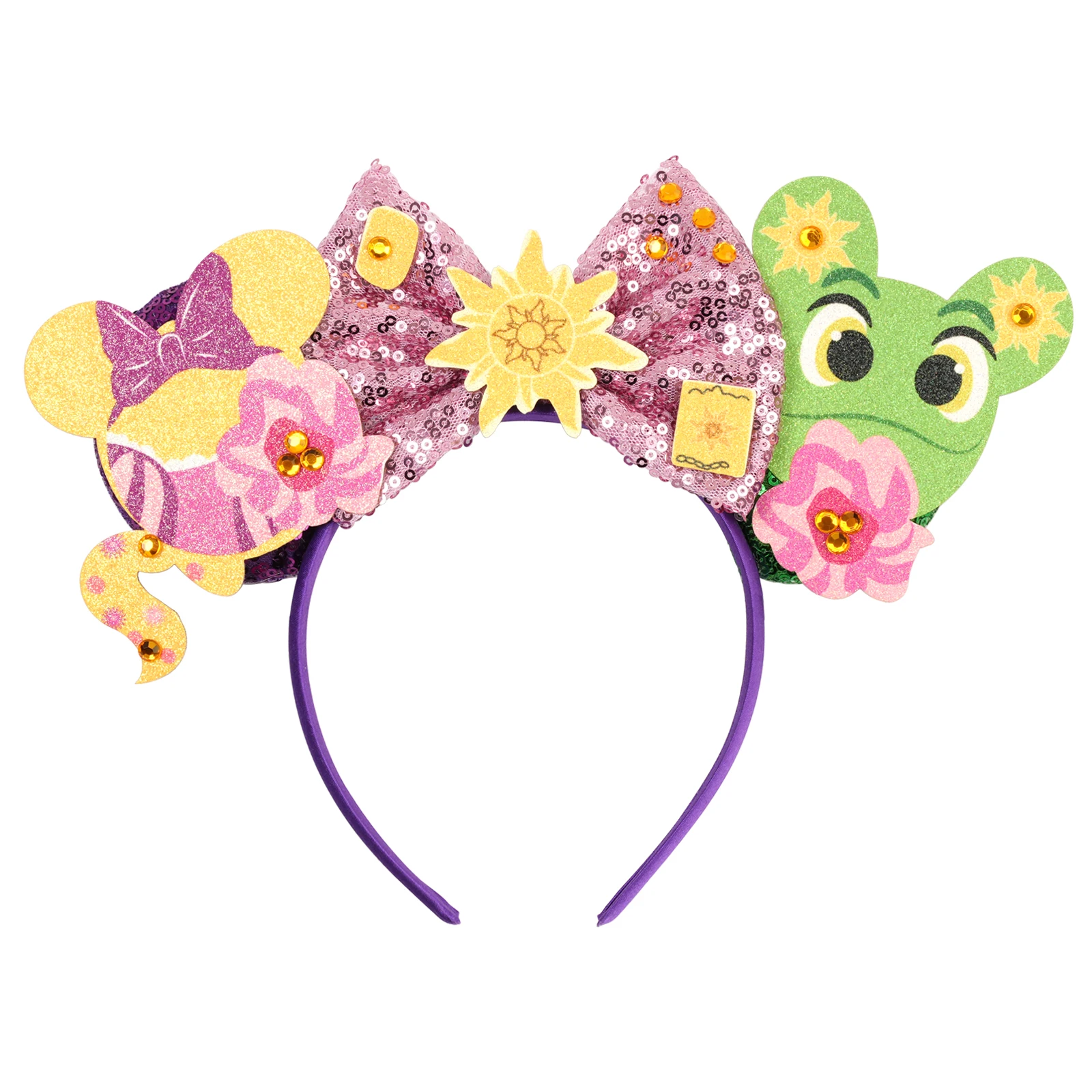 New Disney Rapunzel Micey Mouse Ears Headbands Sunflower Sequins Bow Hairband for Women Girls Kids Chameleon Hair Accessories