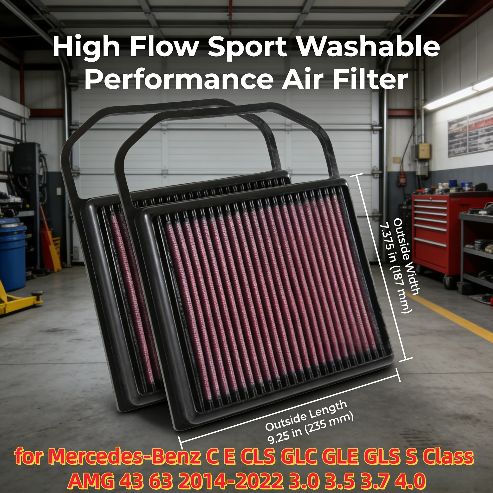 for Mercedes-Benz C E CLS GLC GLE GLS S Class AMG 43 63 2014-2022 3.0 3.5 3.7 4.0 High Flow Sport Washable Air Filter 33-5032