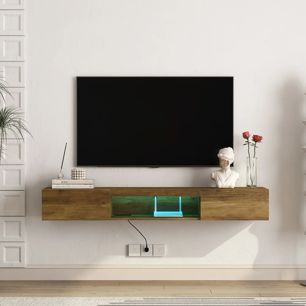 Floating TV Stand Wall Mounted TV Shelf with LED lights & Power Outlet 65