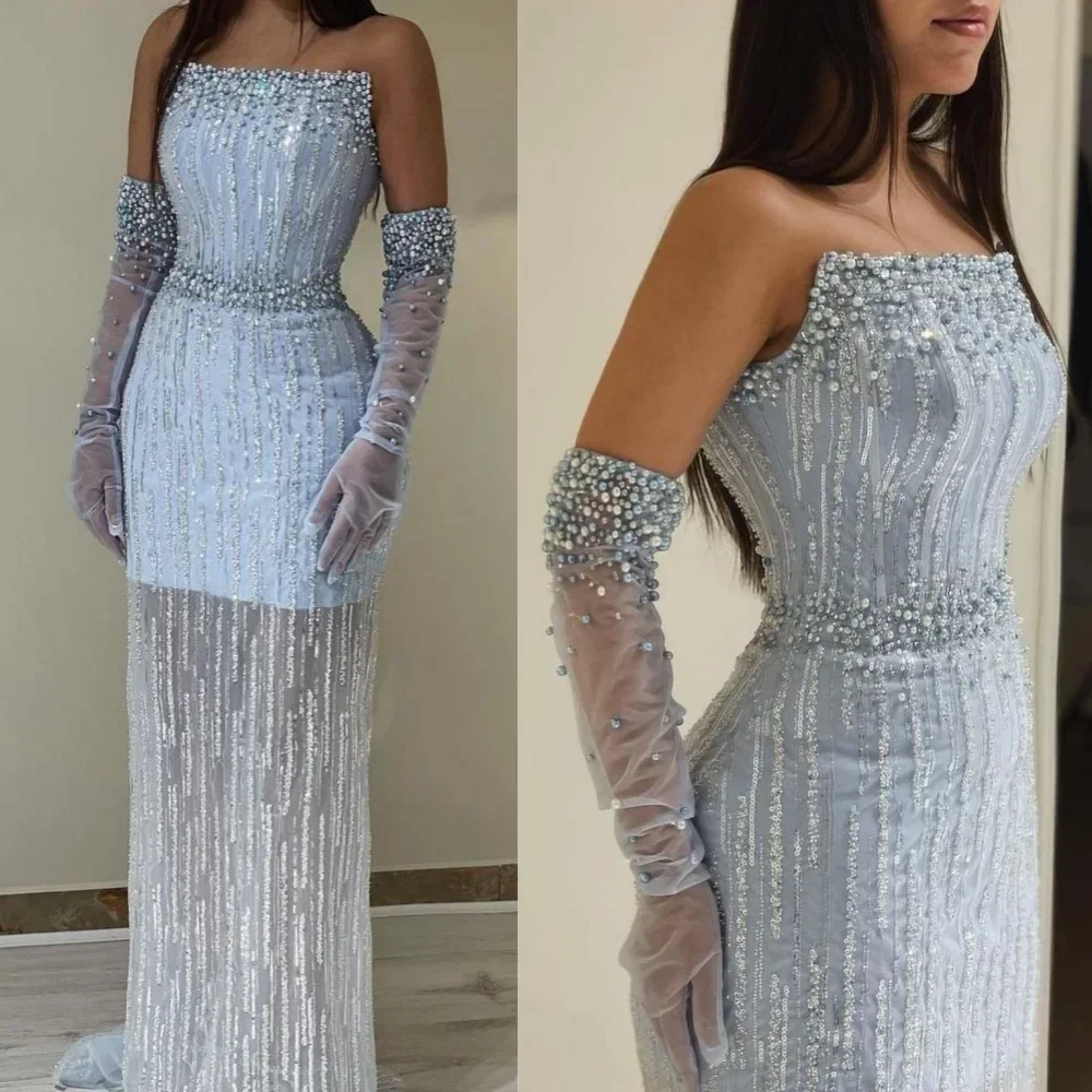 Vestidos de noite personalizados luz azul pérolas luxo dubai vestido de noite sereia elegante sem alças árabe feminino formal