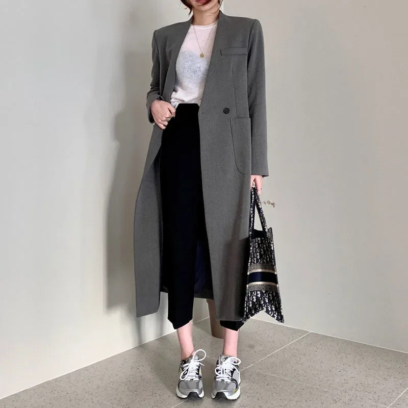 Herbst Vintage V-ausschnitt Einzigen Taste Lose Große Tasche Mid-Länge Frauen Blazer Grau Casual Lose Langarm Anzug Jacke mantel