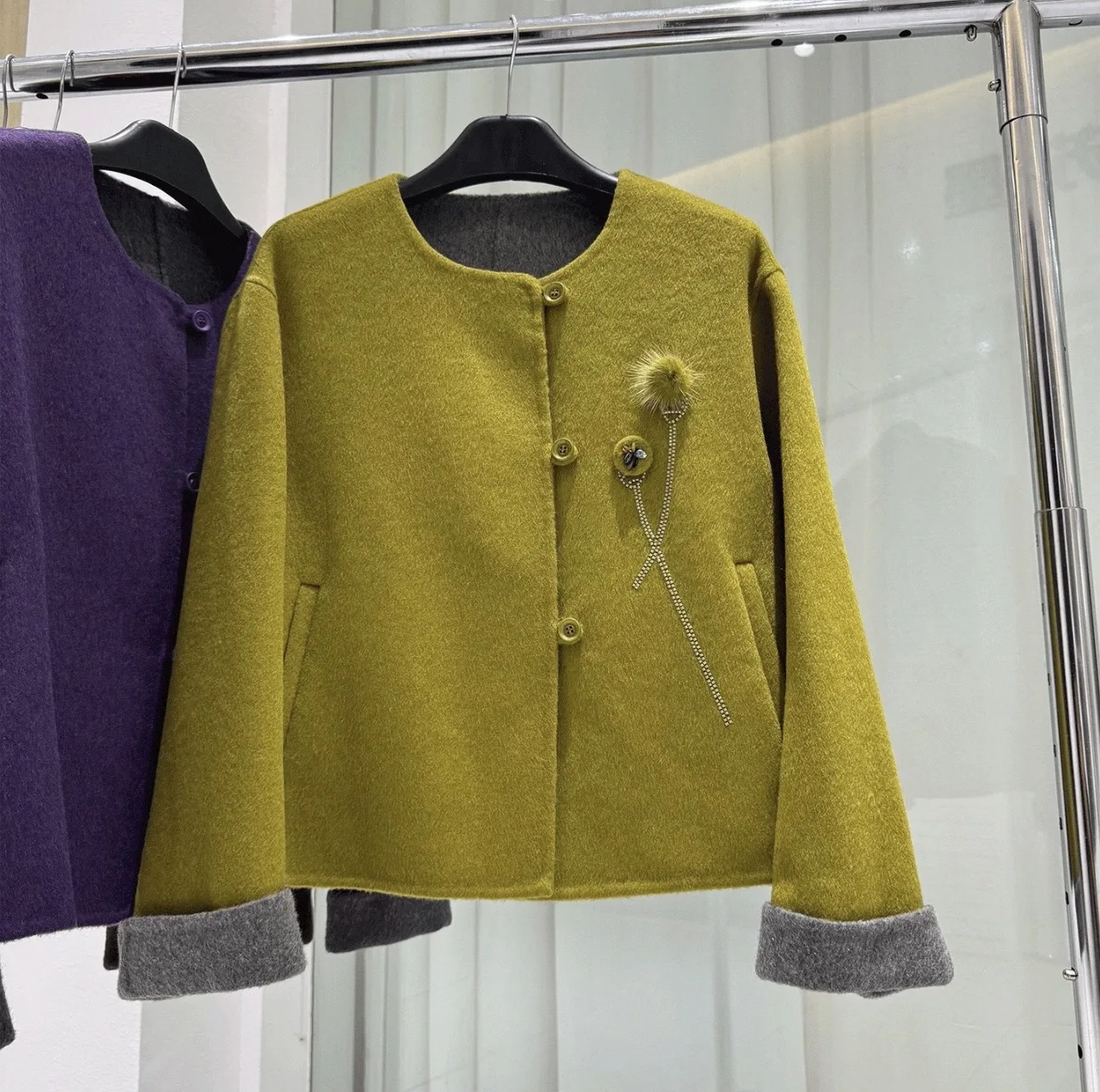 Women 2026 Autumn Winter Luxury Double Faced Wool Short Coat Round Neck Fur Ball Rhinestone Decor Woolen Outerwear Solid Colo