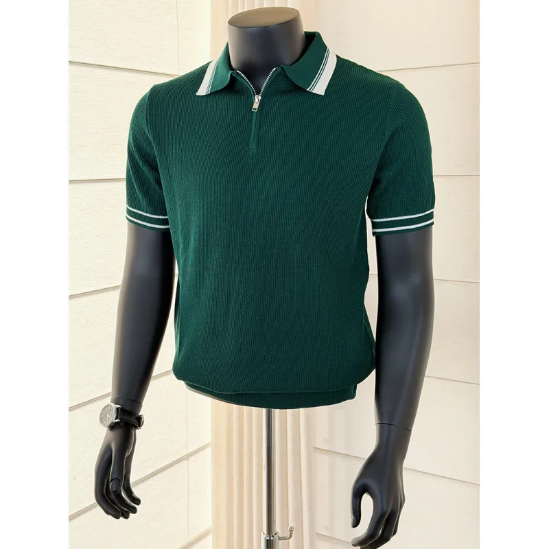 

Летние трикотажные поло-рубашки из ледяного шелка для мужчин, с коротким рукавом, на молнии, эластичные, повседневные, деловые, для торжественных мероприятий.